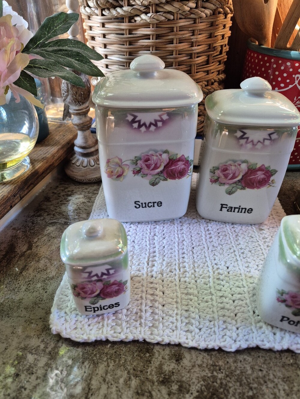 4pc Vtg French Ceramic Pink Rose French Sucre, Farine, Épices, Poivre Canisters - Picture 4 of 12